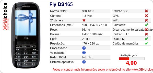 Fly DS165 Especificações técnicas do telemóvel Fly DS165 Especificações técnicas do telemóvel