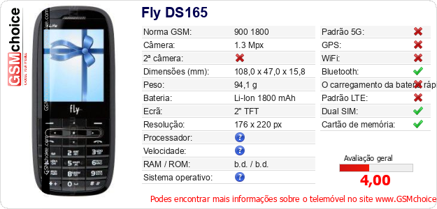 Fly DS165 Especificações técnicas do telemóvel Fly DS165 Especificações técnicas do telemóvel