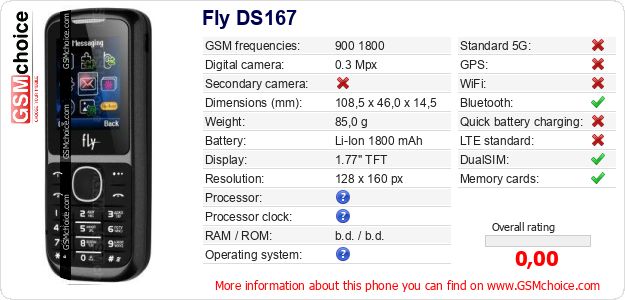 Fly DS167 technical specifications Fly DS167 technical specifications