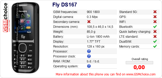Fly DS167 technical specifications Fly DS167 technical specifications
