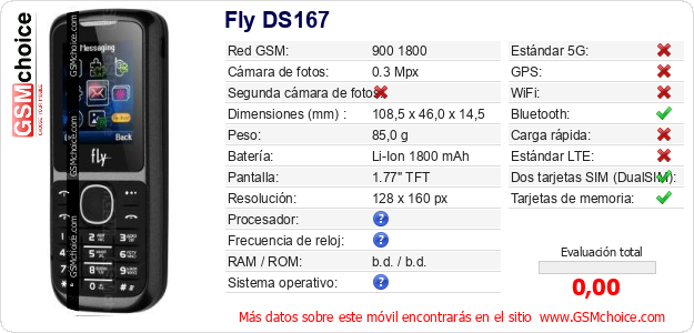 Fly DS167 Datos técnicos del móvil Fly DS167 Datos técnicos del móvil