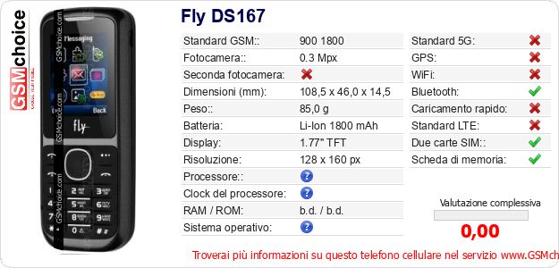 Fly DS167 Dati tecnici di telefono cellulare 