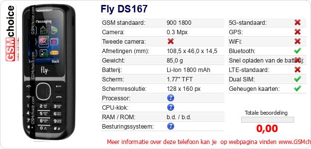 Fly DS167 Technische gegevens Fly DS167 Technische gegevens