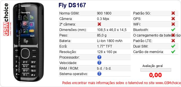 Fly DS167 Especificações técnicas do telemóvel 