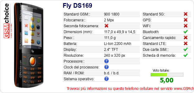 Fly DS169 Dati tecnici di telefono cellulare 