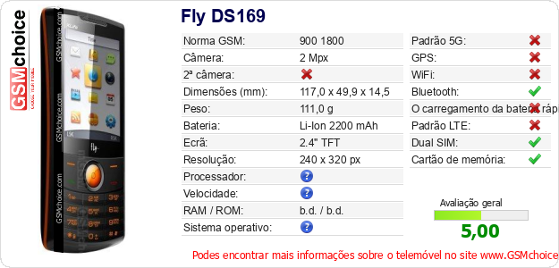 Fly DS169 Especificações técnicas do telemóvel 