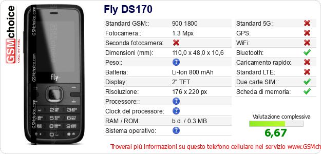 Fly DS170 Dati tecnici di telefono cellulare 