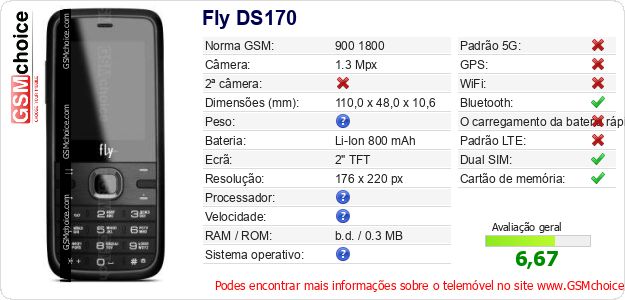 Fly DS170 Especificações técnicas do telemóvel 