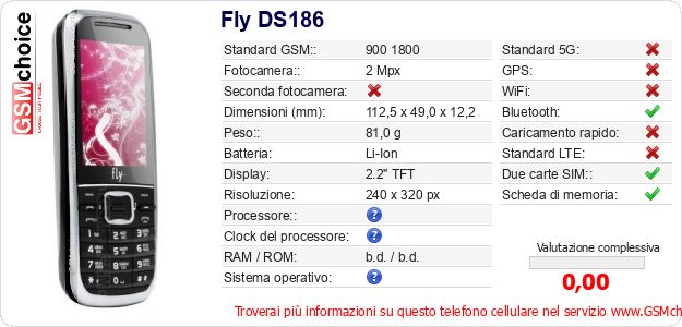 Fly DS186 Dati tecnici di telefono cellulare 