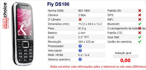 Fly DS186 Especificações técnicas do telemóvel 