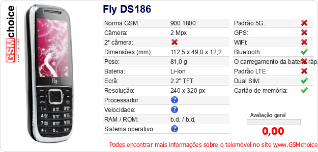 Fly DS186 Especificações técnicas do telemóvel 
