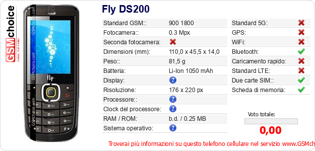 Fly DS200 Dati tecnici di telefono cellulare 
