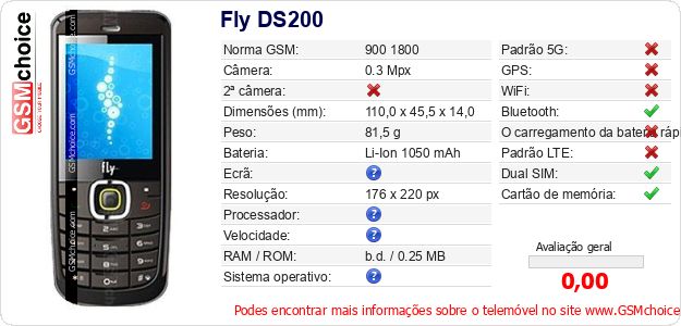 Fly DS200 Especificações técnicas do telemóvel 