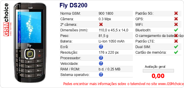 Fly DS200 Especificações técnicas do telemóvel 
