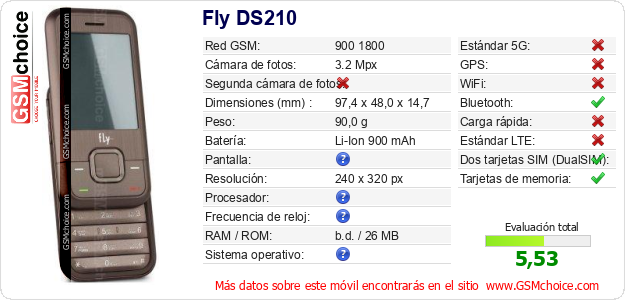 Fly DS210 Datos técnicos del móvil Fly DS210 Datos técnicos del móvil