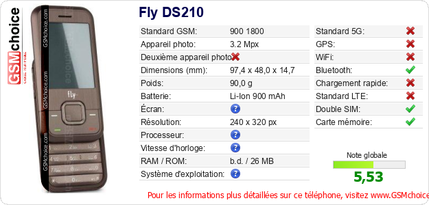 Fly DS210 Fiche technique Fly DS210 Fiche technique