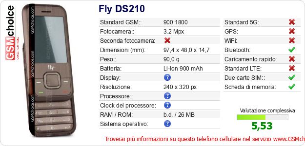 Fly DS210 Dati tecnici di telefono cellulare Fly DS210 Dati tecnici di telefono cellulare