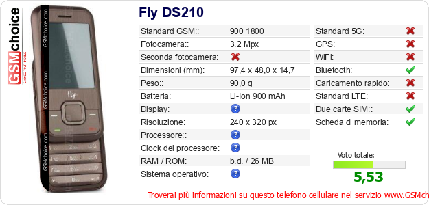 Fly DS210 Dati tecnici di telefono cellulare Fly DS210 Dati tecnici di telefono cellulare