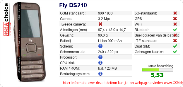 Fly DS210 Technische gegevens 