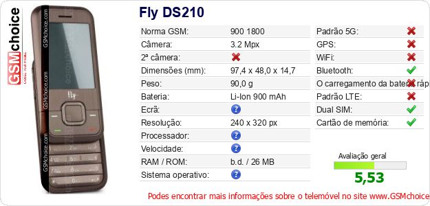 Fly DS210 Especificações técnicas do telemóvel 