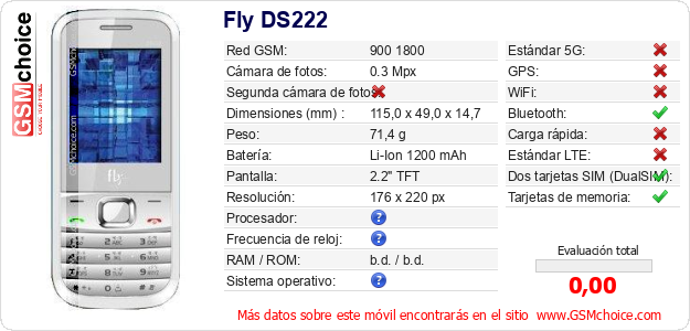 Fly DS222 Datos técnicos del móvil Fly DS222 Datos técnicos del móvil