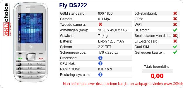 Fly DS222 Technische gegevens Fly DS222 Technische gegevens