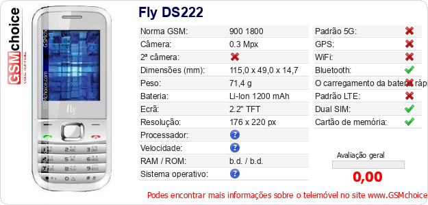 Fly DS222 Especificações técnicas do telemóvel 