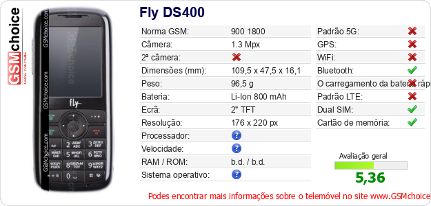 Fly DS400 Especificações técnicas do telemóvel Fly DS400 Especificações técnicas do telemóvel