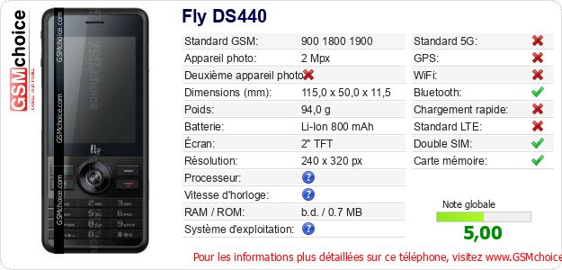 Fly DS440 Fiche technique Fly DS440 Fiche technique