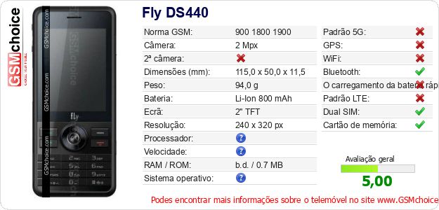 Fly DS440 Especificações técnicas do telemóvel Fly DS440 Especificações técnicas do telemóvel