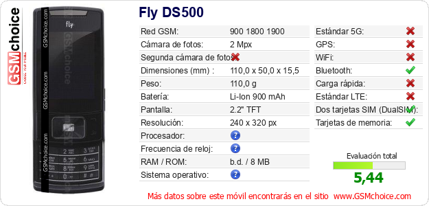 Fly DS500 Datos técnicos del móvil 