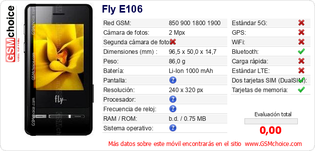 Fly E106 Datos técnicos del móvil Fly E106 Datos técnicos del móvil