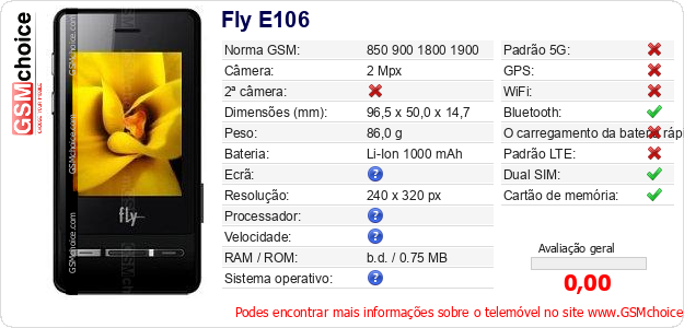 Fly E106 Especificações técnicas do telemóvel Fly E106 Especificações técnicas do telemóvel