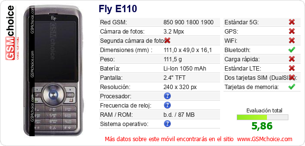 Fly E110 Datos técnicos del móvil 