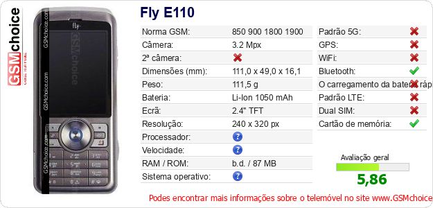 Fly E110 Especificações técnicas do telemóvel 