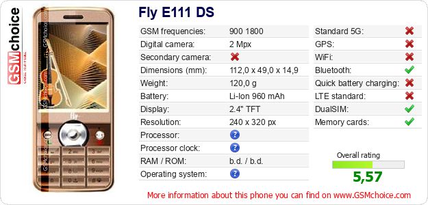 Fly E111 DS technical specifications Fly E111 DS technical specifications