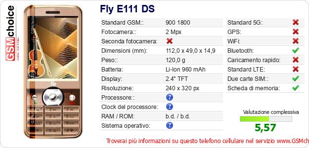 Fly E111 DS Dati tecnici di telefono cellulare Fly E111 DS Dati tecnici di telefono cellulare