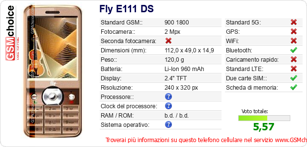 Fly E111 DS Dati tecnici di telefono cellulare 