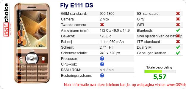 Fly E111 DS Technische gegevens 