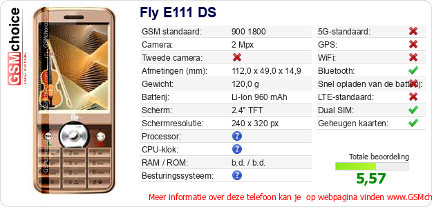 Fly E111 DS Technische gegevens 