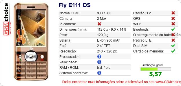 Fly E111 DS Especificações técnicas do telemóvel 