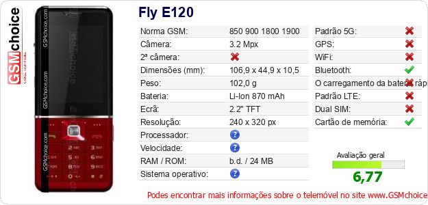 Fly E120 Especificações técnicas do telemóvel 