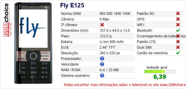 Fly E125 Especificações técnicas do telemóvel 