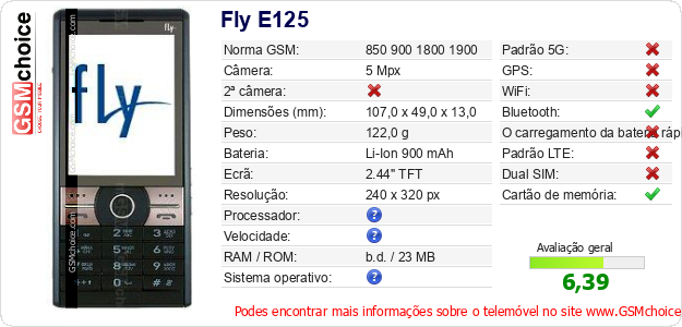 Fly E125 Especificações técnicas do telemóvel Fly E125 Especificações técnicas do telemóvel