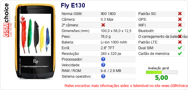 Fly E130 Especificações técnicas do telemóvel 