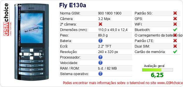 Fly E130a Especificações técnicas do telemóvel 