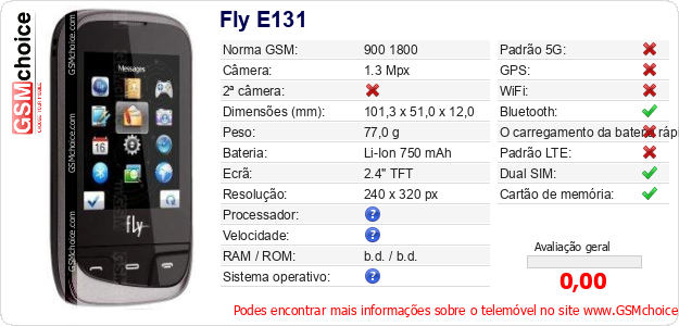 Fly E131 Especificações técnicas do telemóvel 