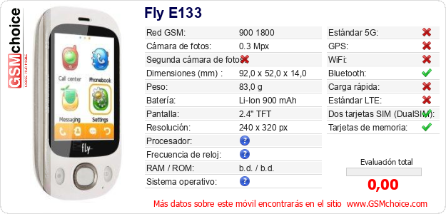 Fly E133 Datos técnicos del móvil Fly E133 Datos técnicos del móvil