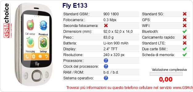 Fly E133 Dati tecnici di telefono cellulare 