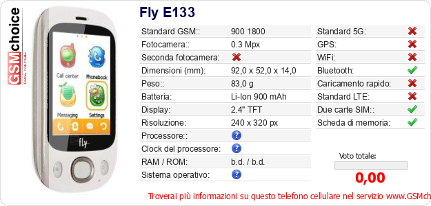 Fly E133 Dati tecnici di telefono cellulare Fly E133 Dati tecnici di telefono cellulare